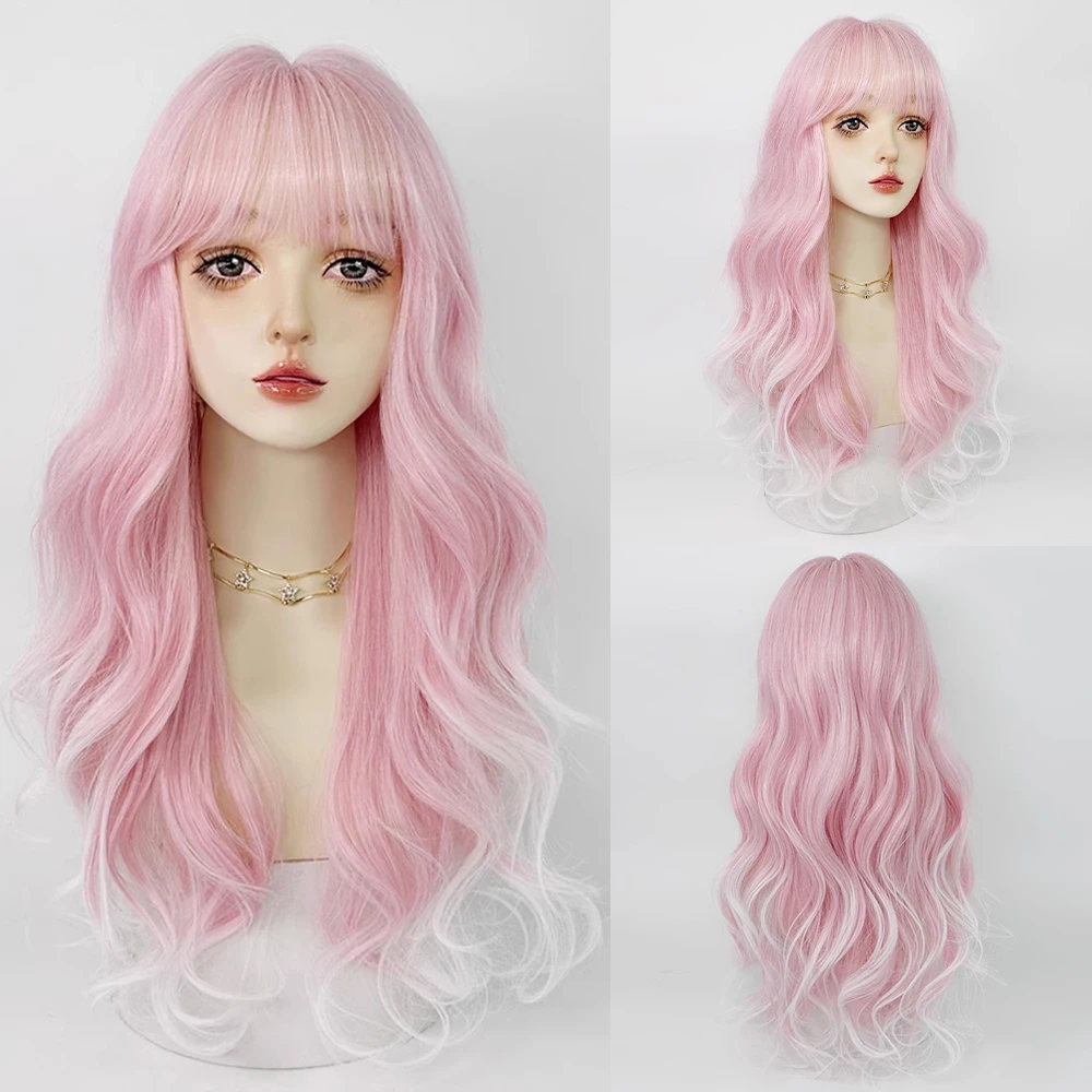 Synthetische lange gewellte Ombre rosa weiße Farbverlauf Frauen Perücken mit Pony natürliche flauschige Lolita Cosplay Haar Perücke für die tägliche