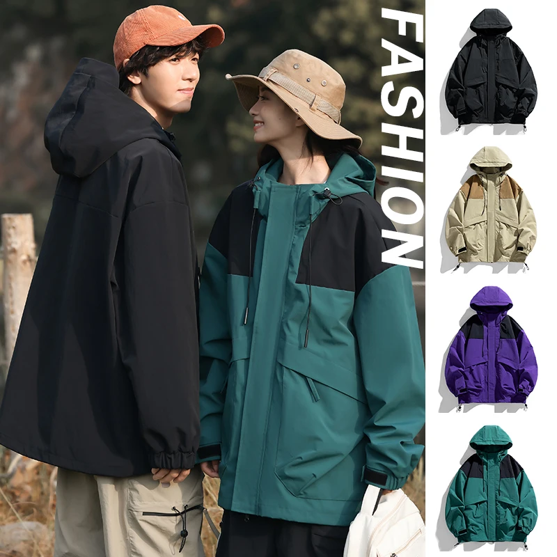 Spring Autumn Couple Waterproof Casual Jacket Stitching Color Hiking Coat  Women\'s Outdoor Camping Windproof Coats Hooded Jacket