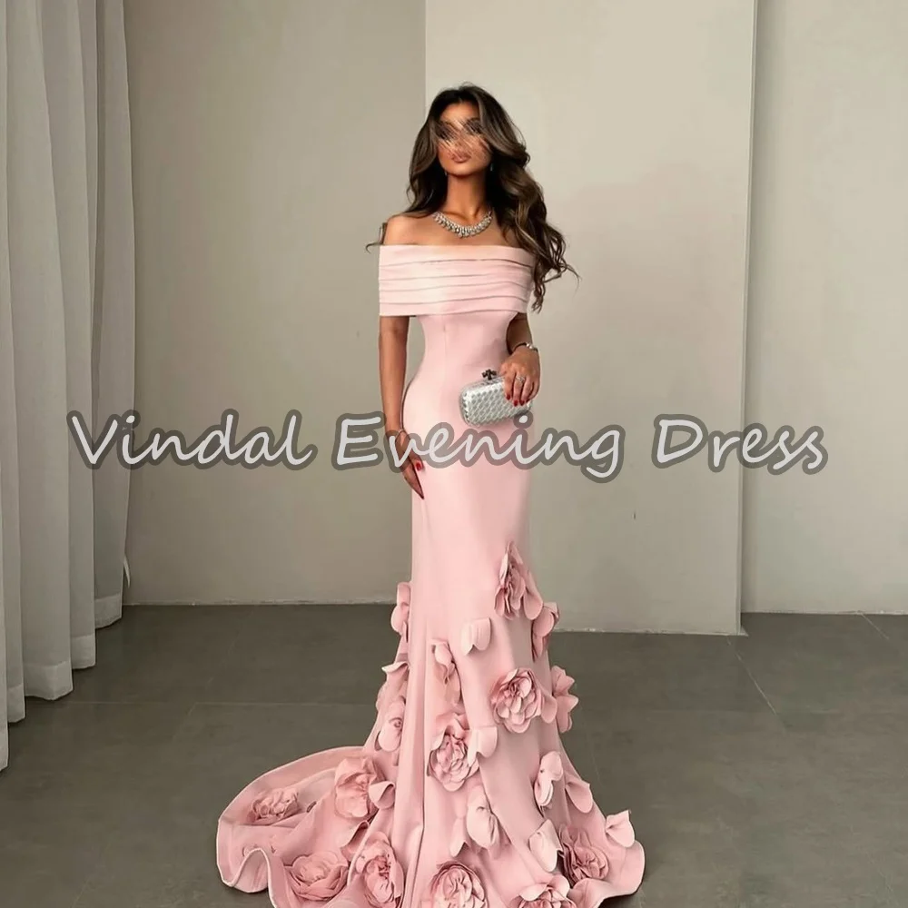 

Креп-русалка, вырез с открытыми плечами, длина до пола, 3D цветы, простые вечерние платья в Саудовской Аравии для женщин, 2025 г., со складками