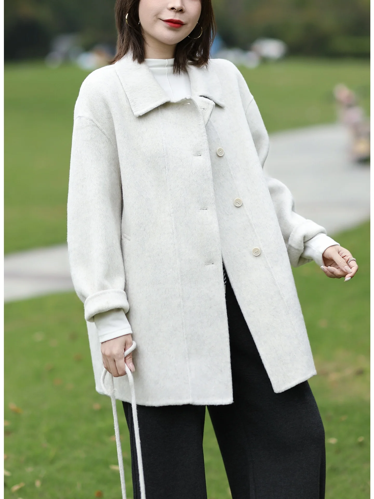 

Double-Sided Woolen Coat Korean Sle Commute Ele Versatile Mid-Length Women's Outerwear Winter Faion Long Sve