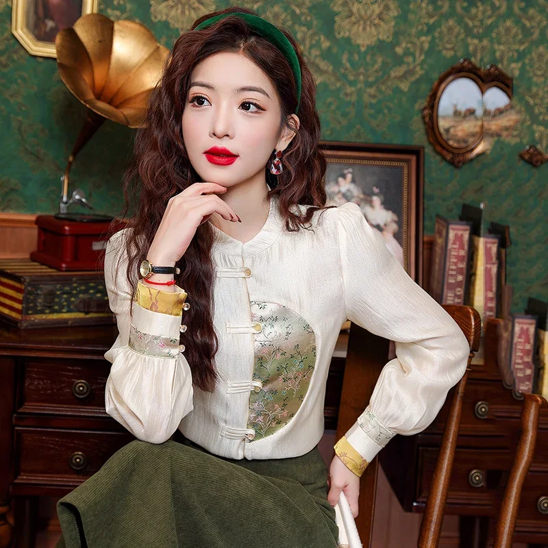 Satin Chinese Style Women\'s Shirt Spring/Summer Embroidery Vintage Blouses Loose Full Women Tops Fashion Clothing