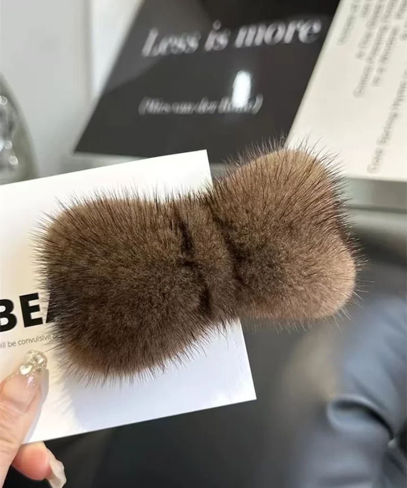 Luxury Real Mink Fur Hair Larg Bowknot Hairpin Side Clip Net Red Cute Olush Fur Headdress Shiny Hair Scratch Accessories Gifts