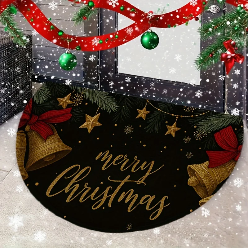 Black Gold Bell Star Merry Christmas Printed Doormat for Front Porch Courtyard Outdoor Terrace Festive Gift Boxes Non Slip mat