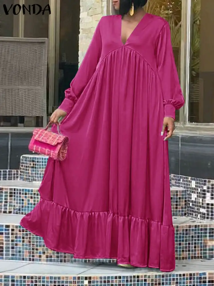 

Plus Size 5XL VONDA Elegant Women Party Sundress Long Sleeve Sexy V-neck Casual Shirt Dress Summer Loose Solid Ruffled Maxi Robe