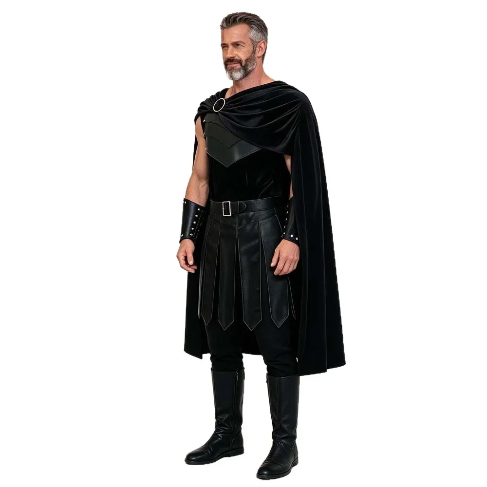 Ancient Warrior Cosplay Outfit for Men, Greek Roman Gladiator PU Leather Armor Skirt Suit, Halloween Carnival Stage Performance view 3