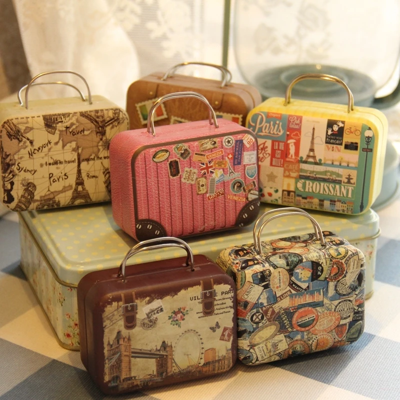 Vintage Suitcase Shape Metal Candy Storage Box Wedding Favor Tin Cable Organizer Container Tin Boxes Gift Storage