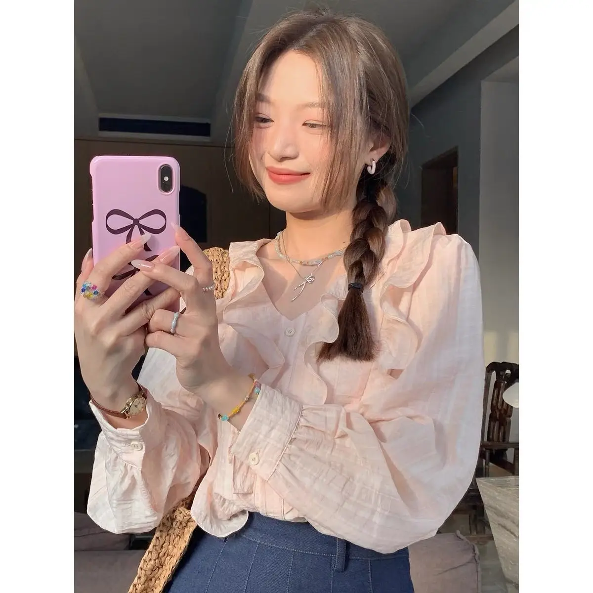 

Korean Fashion New Summer Women Tops Shirts Sweet Girls Ruffled V-neck Long Sleeve Solid Color All Match Female Shirts Clothing