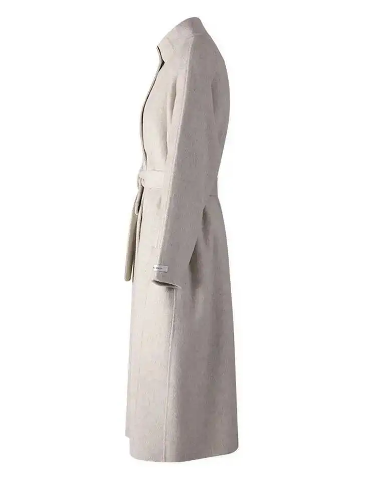 HUISONG Beige Belted Big Size Elegante Wollen Jas Nieuwe Stand Kraag Lange Mouw Vrouwen Jas Mode Tij Herfst Winter 2025
