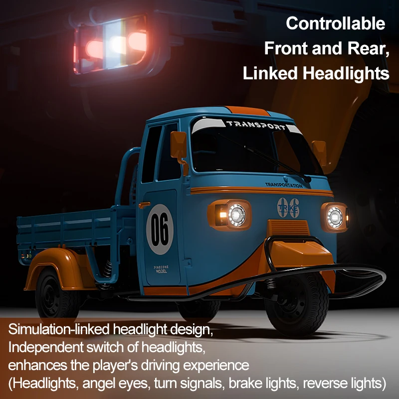 1/10 RC Triciclo 2.4G RTR Modello di camion a tre ruote telecomandato con luci a LED Auto ad effetto musicale per bambini Regali per bambini