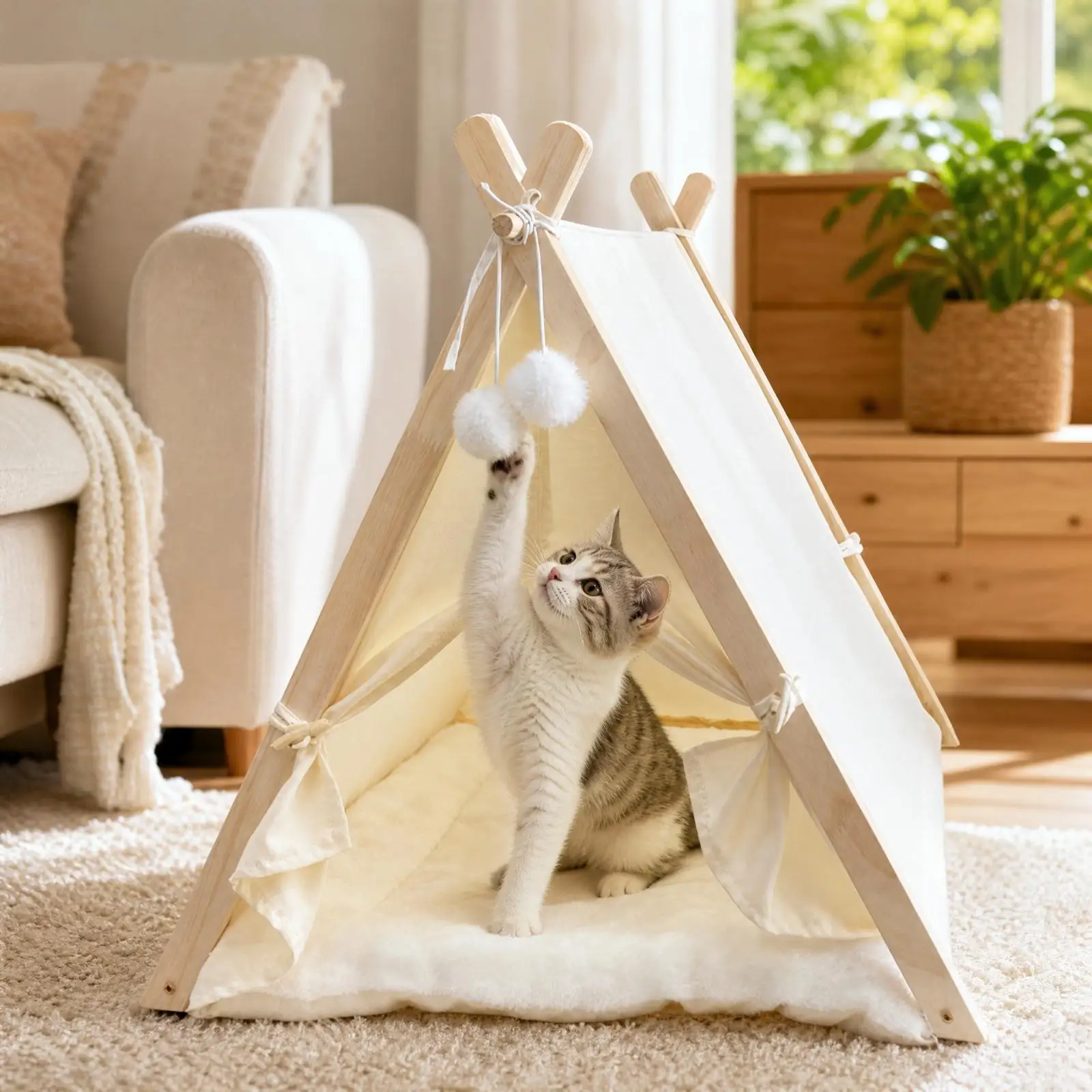 Tent-Style Pet Bed with Wood Frame Spacious Cat Tent Bed with Hanging Toy Sturdy Soft for Cats, Quiet Relaxation, Winter Naps