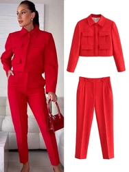 HH Autumn Winter Women Fashion Single Breasted Turn Down Collar Red Coats+Female Casual Office Lady Slim Pants 2 Piece Suit