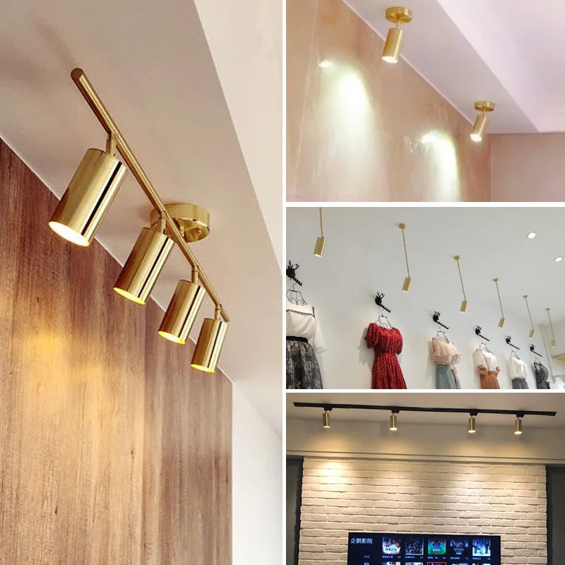 Nordic Gold Surface Mounted Ceiling Spot Light, Creative Full Copper COB LED Track Lamp for Living Room, Bar & Dining Room