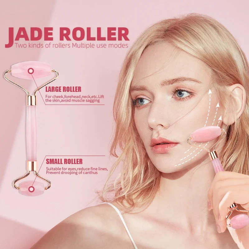 Natural Facial Massager Face Roller Gua Sha Scraper Double Heads Jade Stone Roller Skin Care Rose Quartz Massage for Face Body