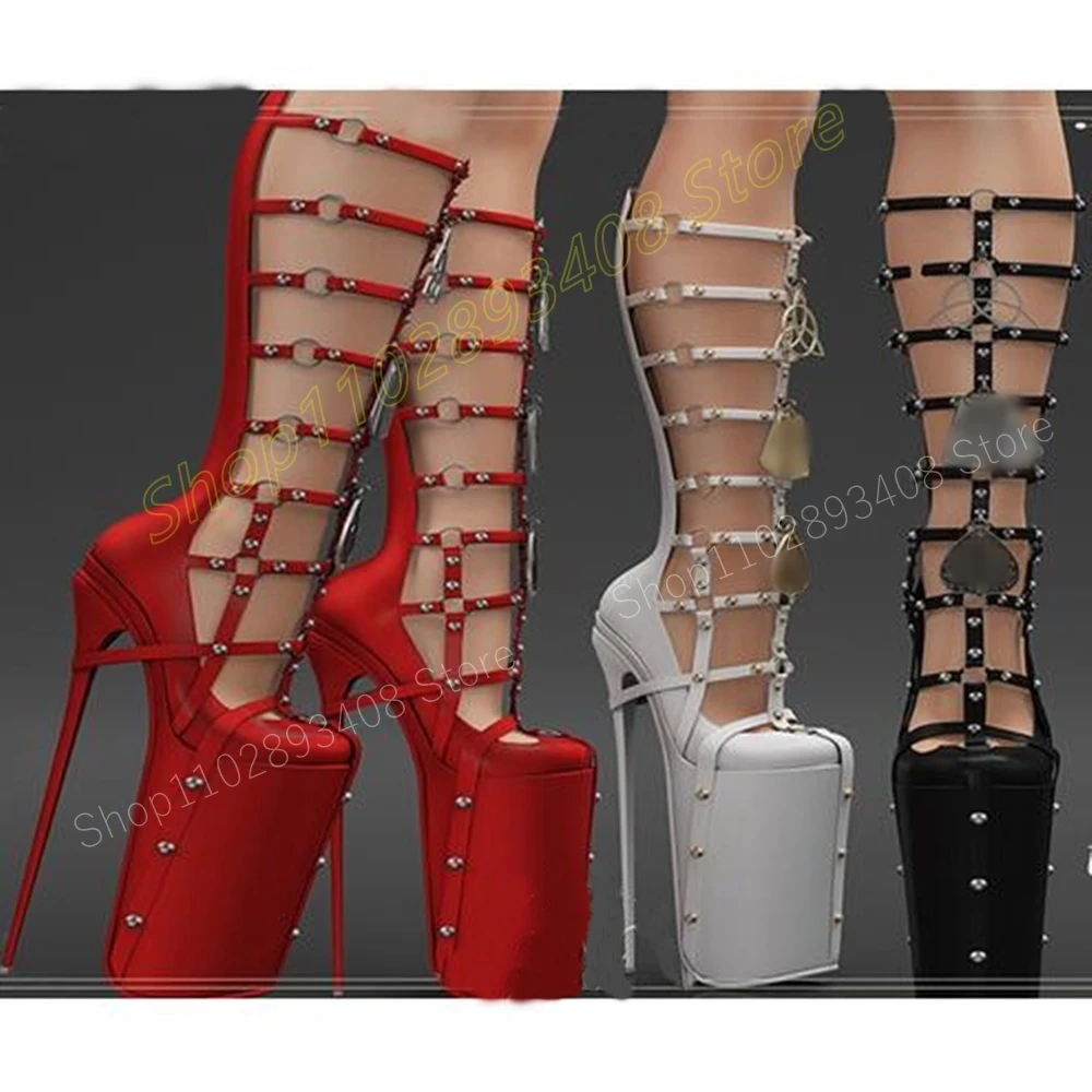 

Red Rivets Hollow Platform Sandal Boots Round Ring 30cm Stiletto High Heel Fashion Sexy Women Shoes 2024 Zapatos Para Mujere