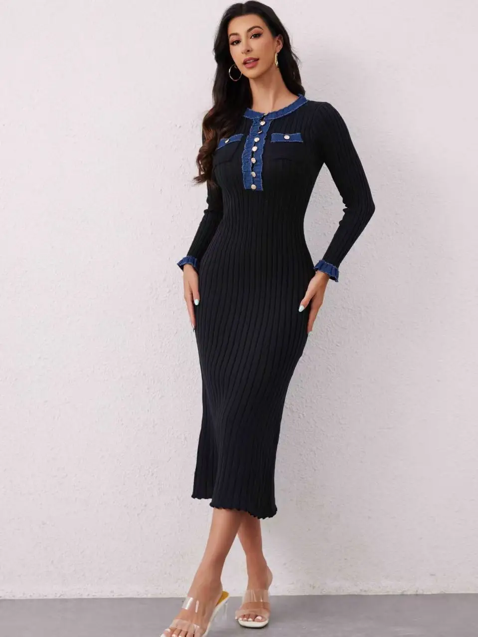 New Waist-Cinching Slim Fit Inner Wear Long Dr Knitted Sweater Dr High Waist A-Line Skirt Long Sve round Ne Dr