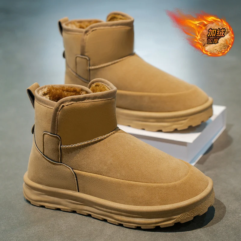 Men Winter Snow Boots Thick Plush Lined Warm Ankle Boots Slip‑On Non‑Slip Thick Sole Cold‑Resistant Casual Outdoor Footwear