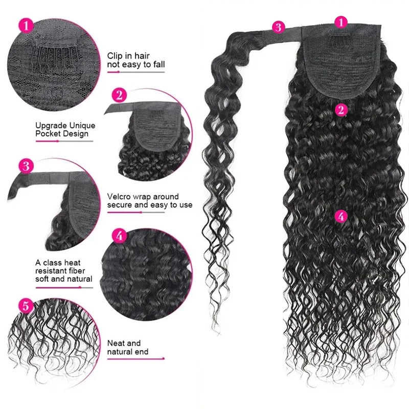 Extensão velcro rabo de cavalo para mulheres, cabelo humano de onda profunda, envoltório, cor preta natural, peruca, 12-30 in