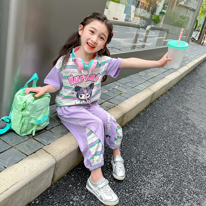 New Sanrio Girl Summer Short Sleeve Set Kawaii 2Pcs Cartoon Fashion My Melody Printed Cute Stripe T Shirt Pants Children Suit