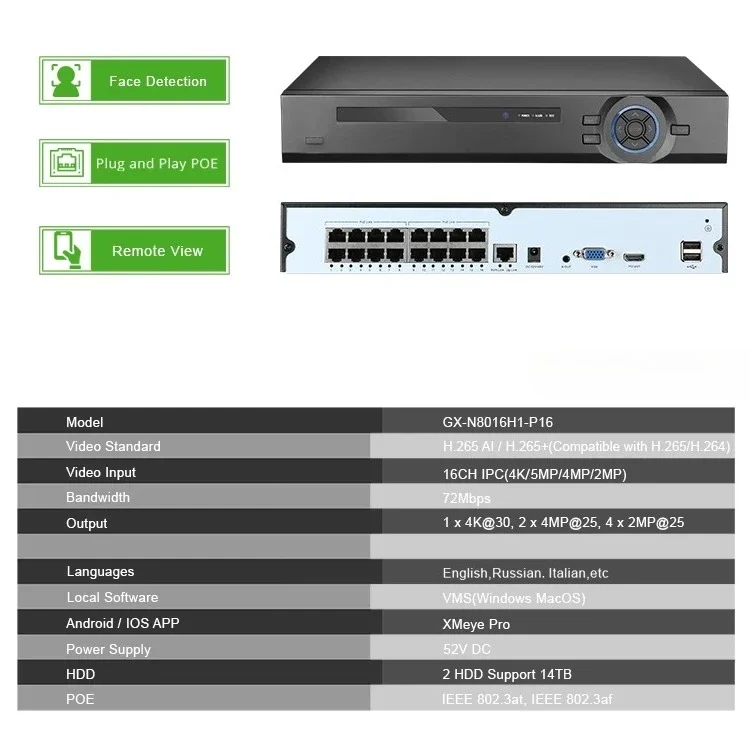 GX-N8016H1-P16 H.265 16-Channel Digital Video Recorder 8MP Resolution POE NVR IEEE 802.3at/af Supports IP Wired WIFI Camera