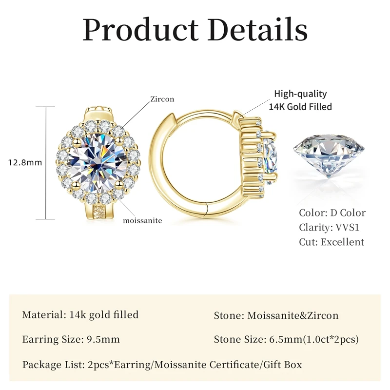 Lnngy Certified Moissanite Halo Earrings For Women 14K Gold Filled Lab Diamond Huggies Earring Sparkling Wedding Jewelry Gift - view 2