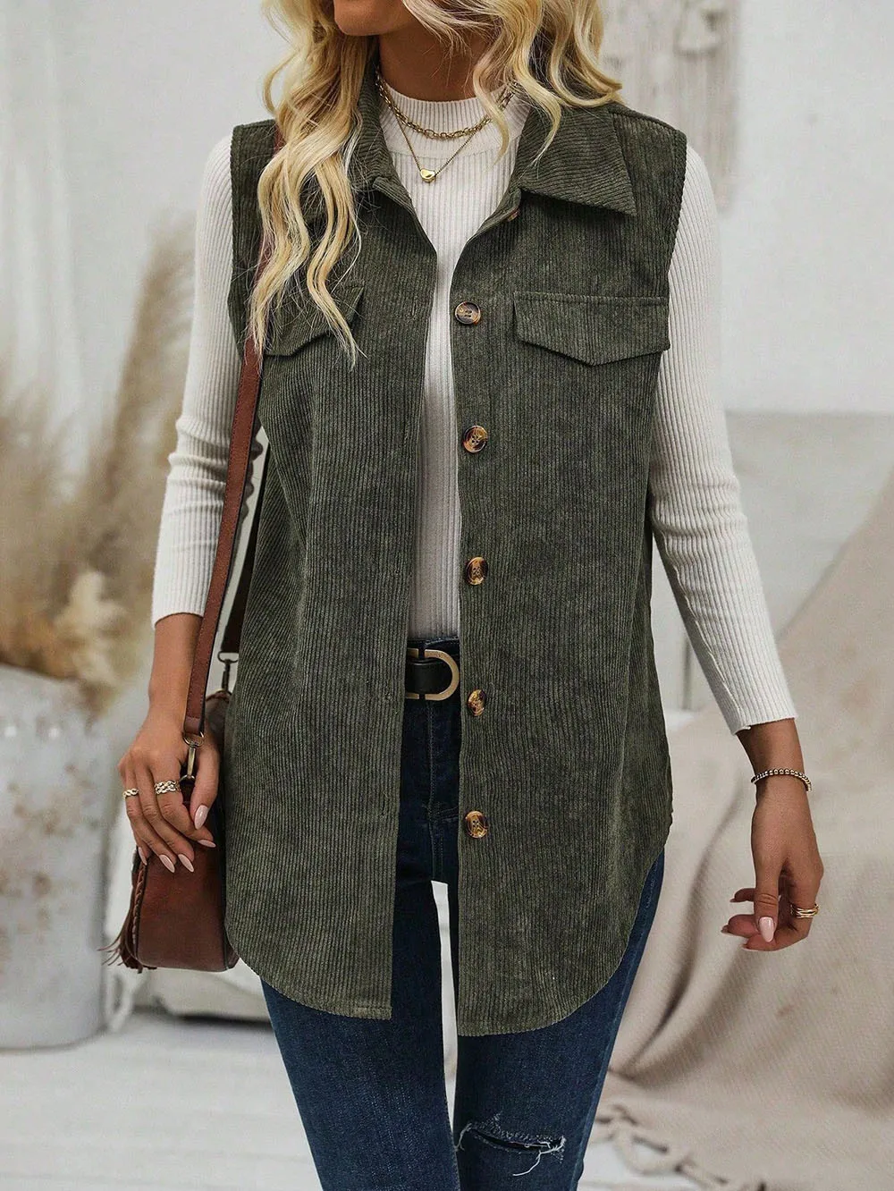 

Fashion Commuting Corduroy Vest Autumn New Solid Color Lapel Sleeveless Single Breasted Jacket Vest Casual Women's Clothing