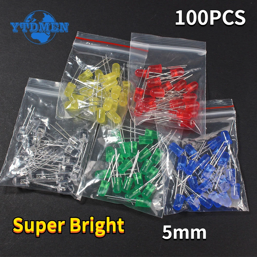 100PCS F5 LED Diode 5MM Super Bright LED Blue Green Red Yellow White Light Emitting LEDs Kit