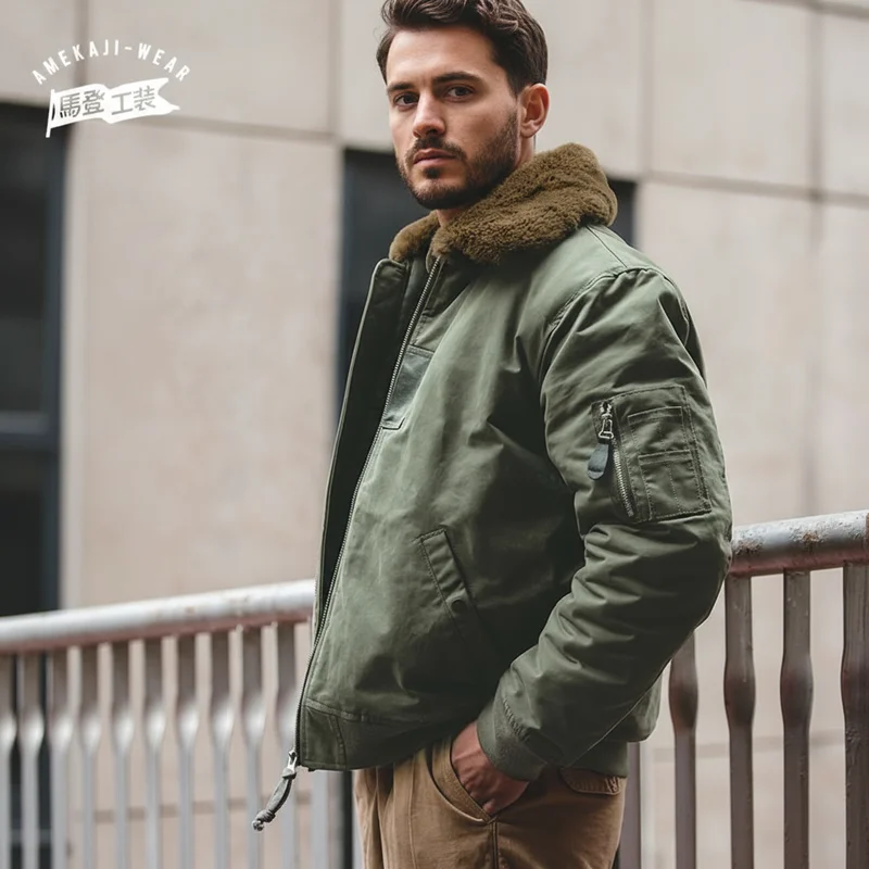 Maden Vintage B15 Bomber Jacket for Men Faux Rabbit Fur Lapel Signature Arm Pocket Winter Thickened Warm Windproof Coat Parkas