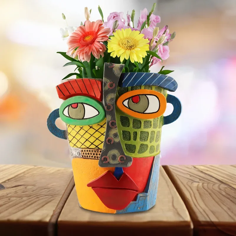 Retro Human Face Resin Flower Pot Garden Crafts Colorful Abstract Art Succulent Flower Pot Ornaments Antique Flower Decoration