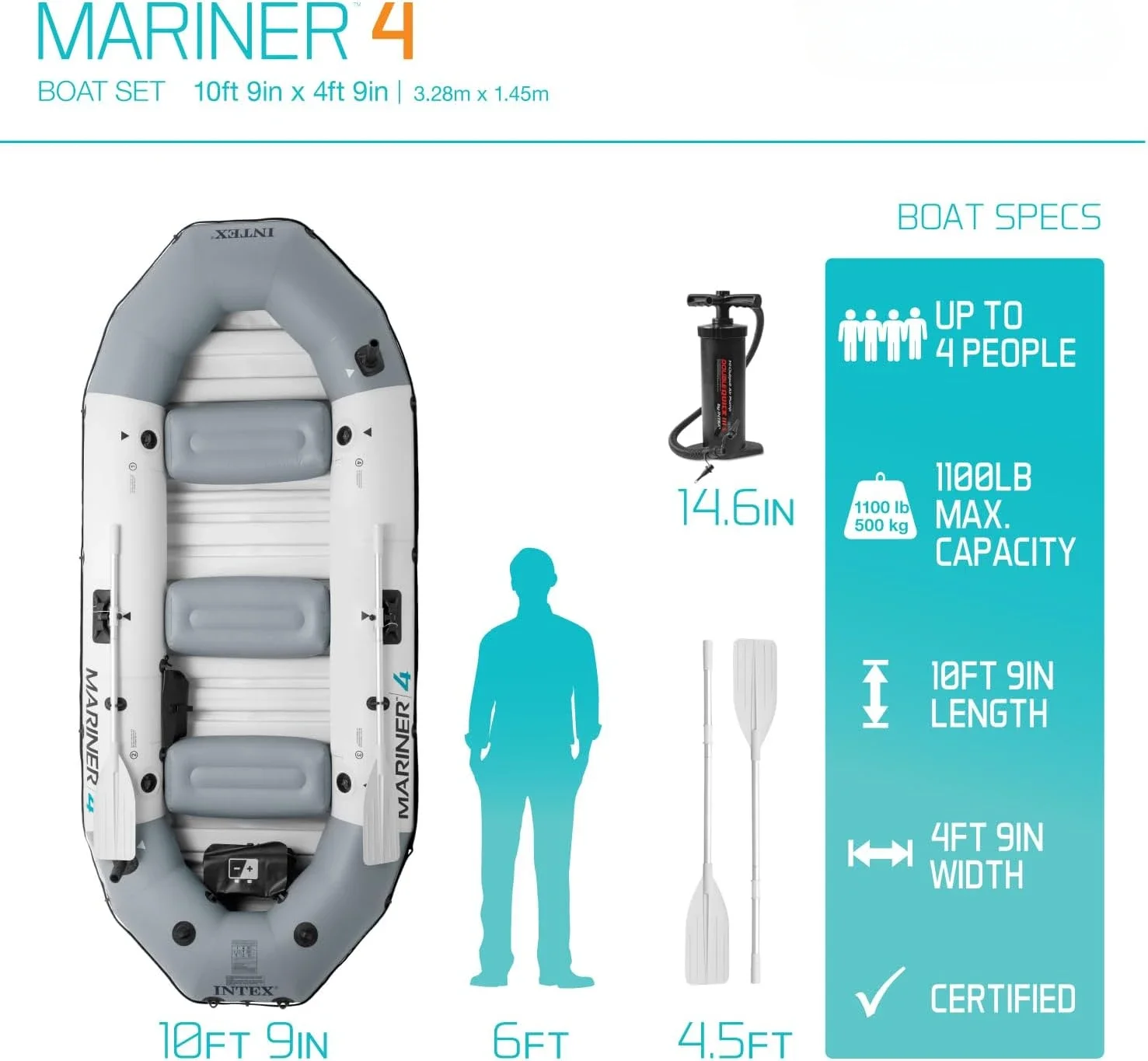 

Inflatable Boat Set: Includes Deluxe 54in Boat Oars and High-Output Pump – Wear-Resistant Keel – Removable