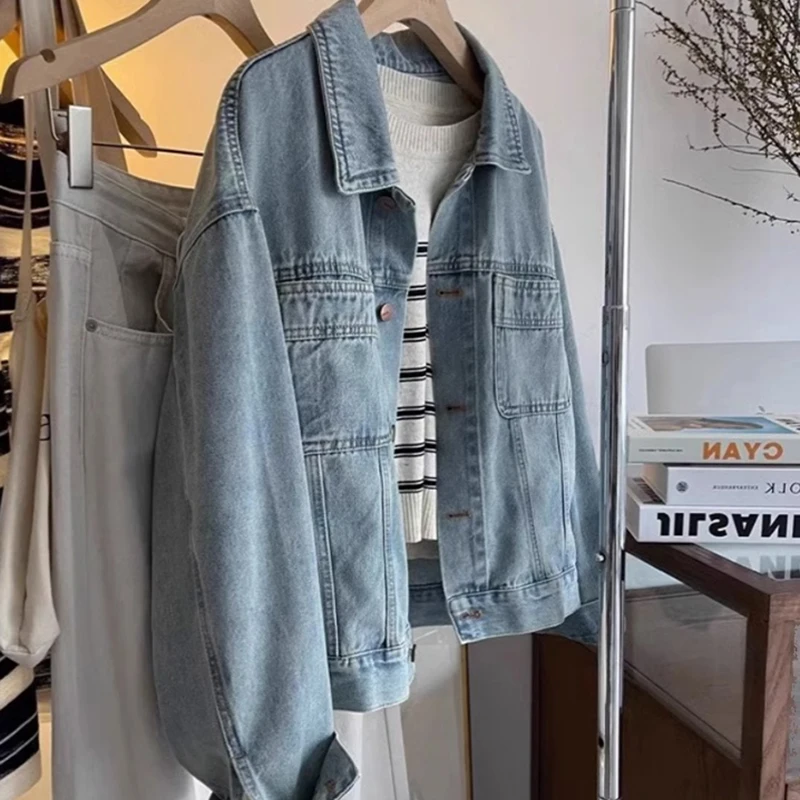 

Blue Denim Jacket Women Spring Autumn New Retro American High Street Casual Loose Tops Fashion Versatile High Quality Lapel Coat