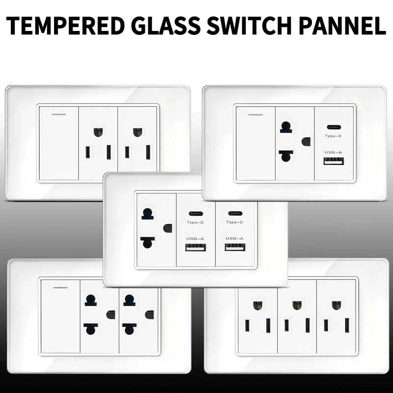 ​​118x75mm Tempered Glass US-Thai Socket: Dual USB-C Ports & 2 AC Outlets for 110V, Scratch-Resistant Panel​​