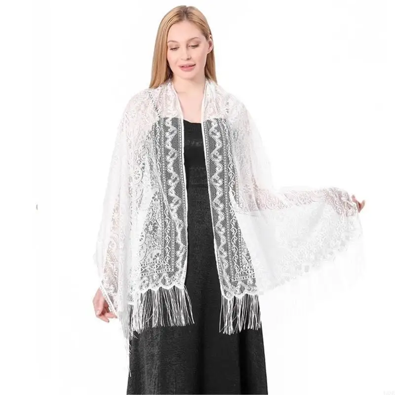 

Y3NE Multiuse Long Lace Shawl Shoulder Wrap Scarf Shawl With Fringed Designs Cashew Pattern Shawl For Casual Formal Outfit