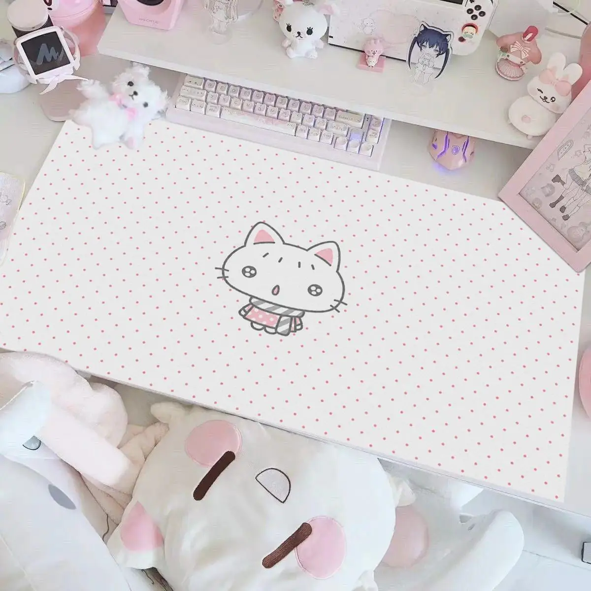 Leather Desk Pad Protector Pink Bunny Polka Dot Rabbit Love Mouse Pad Office Desk Mat Waterproof Non-Slip PU Desk Blotter Pad