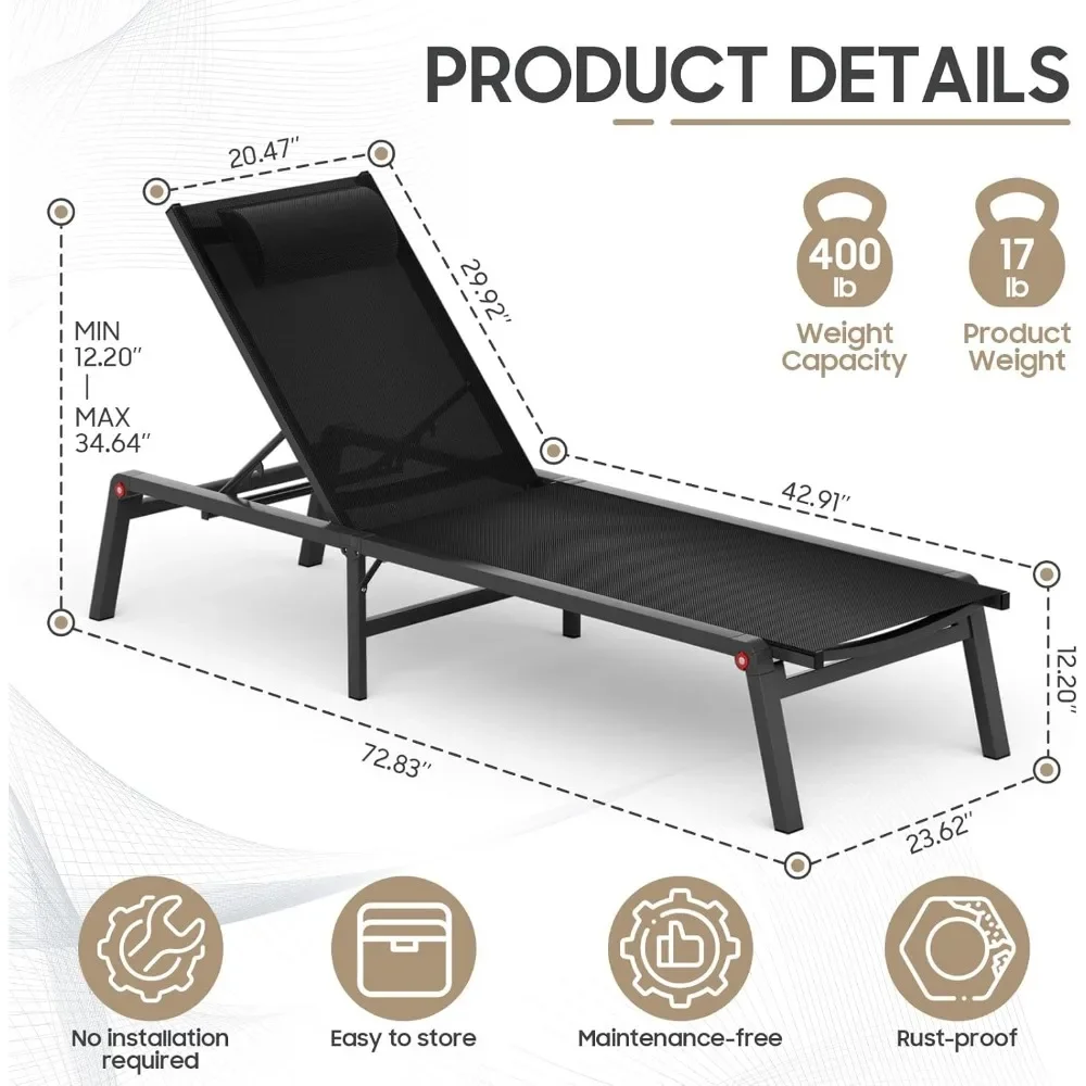 Aluminum Patio Chaise Lounge Chair Set of 2 - 5-Position Adjustable Backrest & Foldable Outdoor Lounge Chair