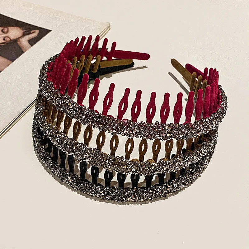 3pcs Fashion Rhinestone Flocking Bezel Hair Hoops for Women Ladies Solid Color Toothed Non-Slip Headband Hair Band Accessories