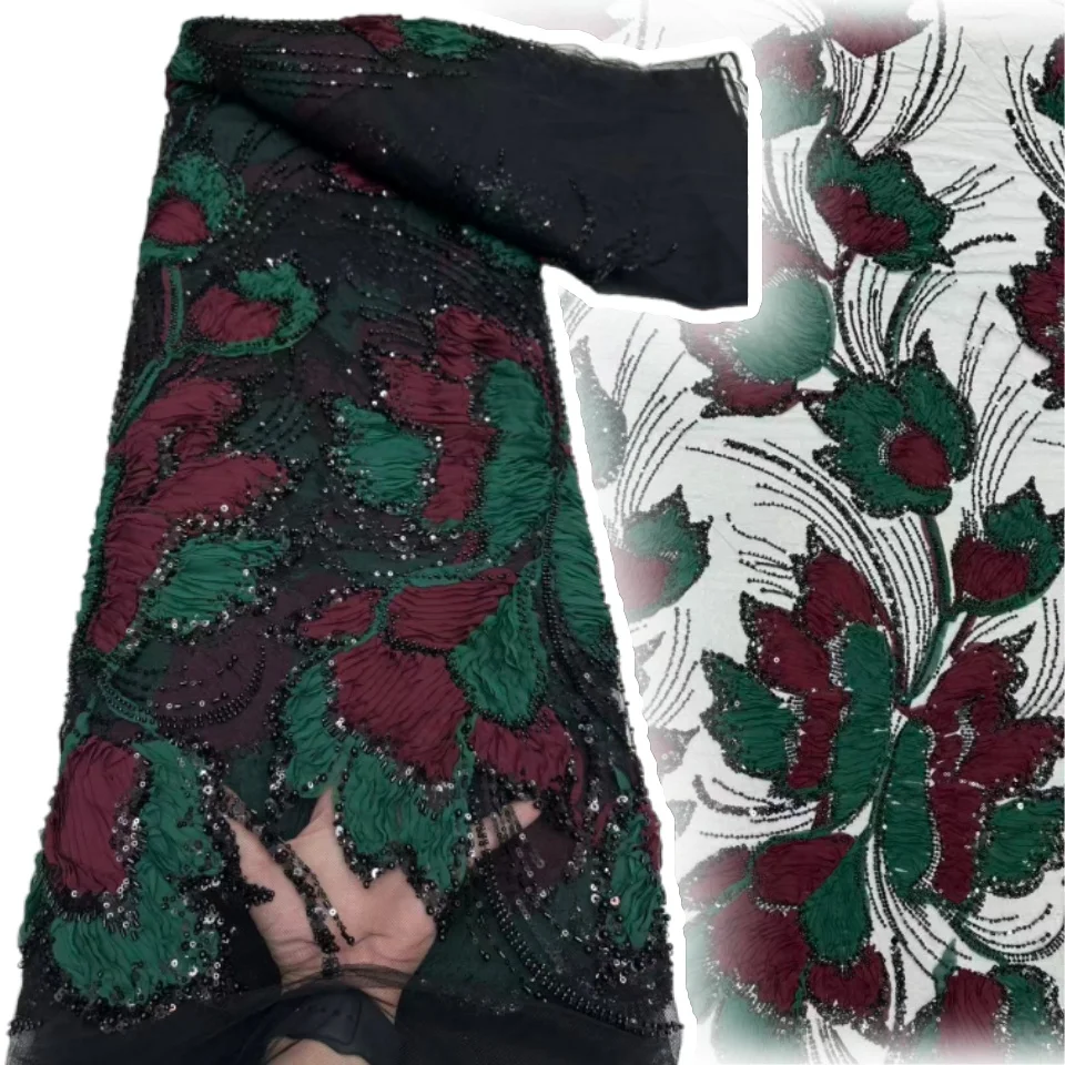 

Африканская кружевная ткань 2025 г., высокое качество, 5 ярдов, французская роскошная кружевная ткань с вышивкой, сетчатая кружевная ткань с бусинами, ткань для шитья SZ1725