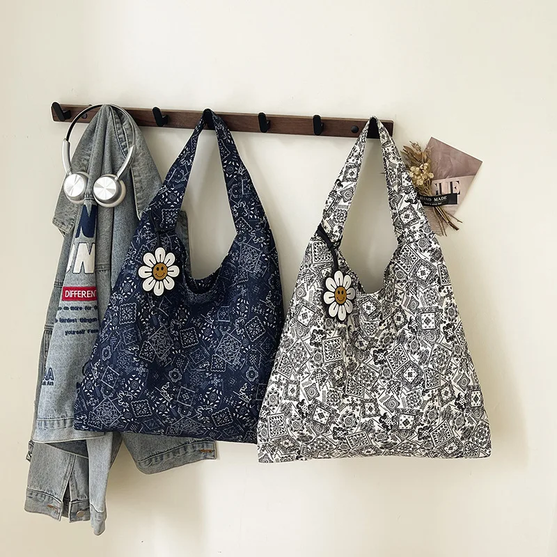 

2025 Summer Floral Print Shoulder Bags Large Capacity Canvas Women Underarm Bags Ladies Travel Commuter Handbags