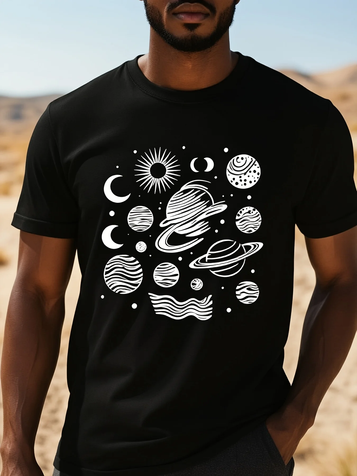 Cosmic Romantic Hand-Drawn Scientific Dreamy Starry Sky Men's Printed Short-Sleeved Shirt Breathable Fabric Round Neck All-Season Casual Style Perfect for Sports, Fitness, Business Casual Macretro Retro Casual Round Neck Printed Short-Sleeved T-Shirt