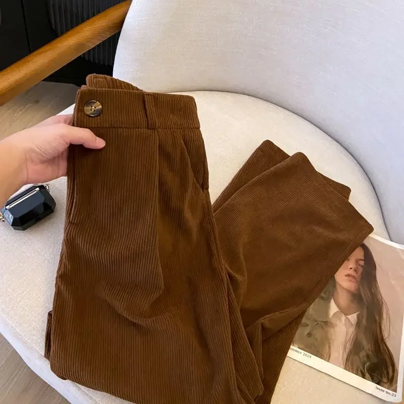 女性のレトロなハイウエストコーデュロイパンツ,ストレートカジュアル,フルレングス,ヴィンテージのコーヒーポケット,すべてのストリートウェアにマッチ