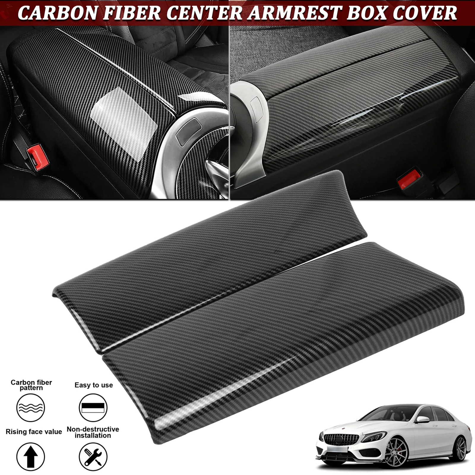 

2pcs Carbon Fiber Texture Central Console Storage Armrest Box Panel Cover Molding Trims For Mercedes C GLC Class W205 X253