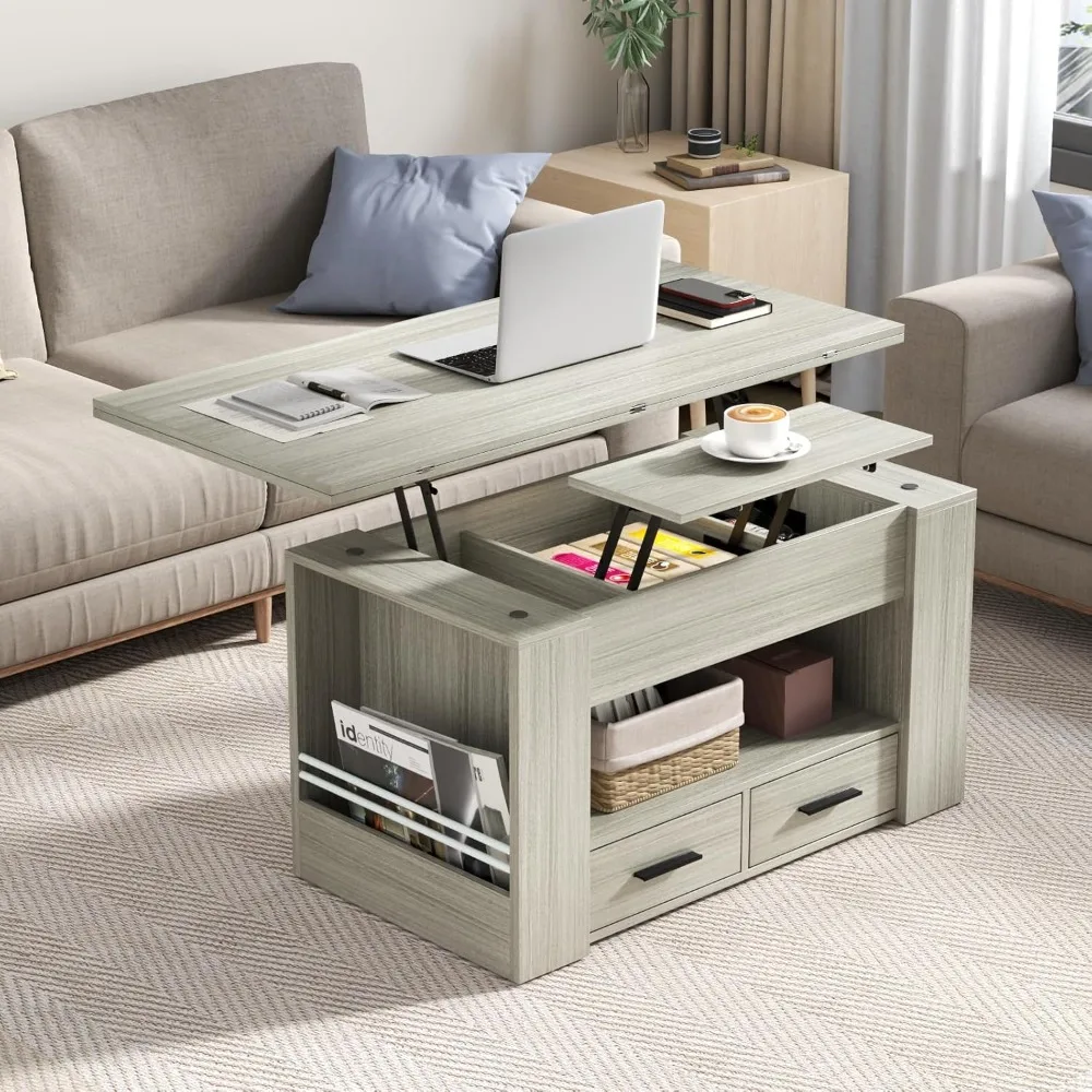 Lift Top Coffee Table, 4 in 1 Multi-Function Coffee Table with Storage Shelf and Hidden Compartment, Center Table with Large Dra