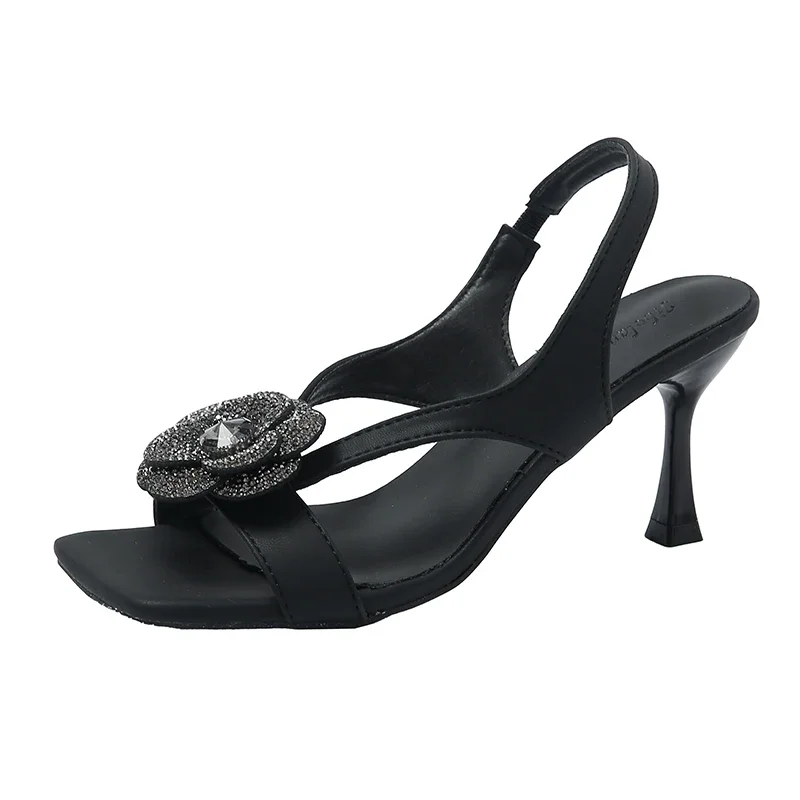 Open Toe Sandals com strass flor design para mulheres, salto alto fino, bombas de cinta no tornozelo, vestido, designers de luxo, verão