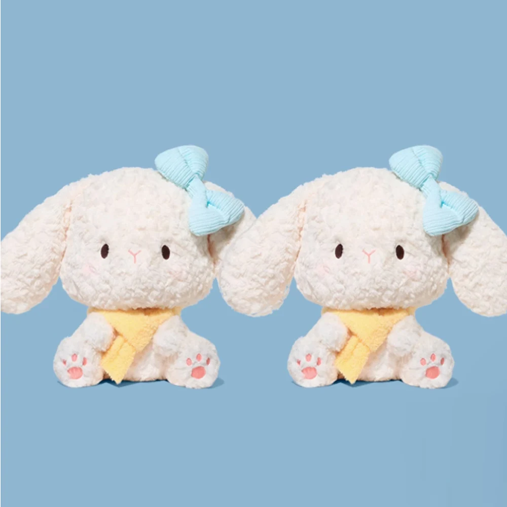 Kawaii Fluffy Rabbit Plush Toys Wearing Blue Bow Yellow Scarf Squishy White Bunny Stuffed Animal Dolls Cuddle Birthday Presents