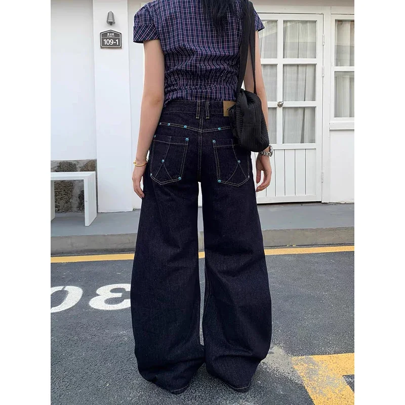 

Женские винтажные синие широкие джинсы Женские Y2K Американский ретро 2000-х годов Джинсовые брюки с высокой талией Уличная одежда Повседневные свободные мешковатые брюки