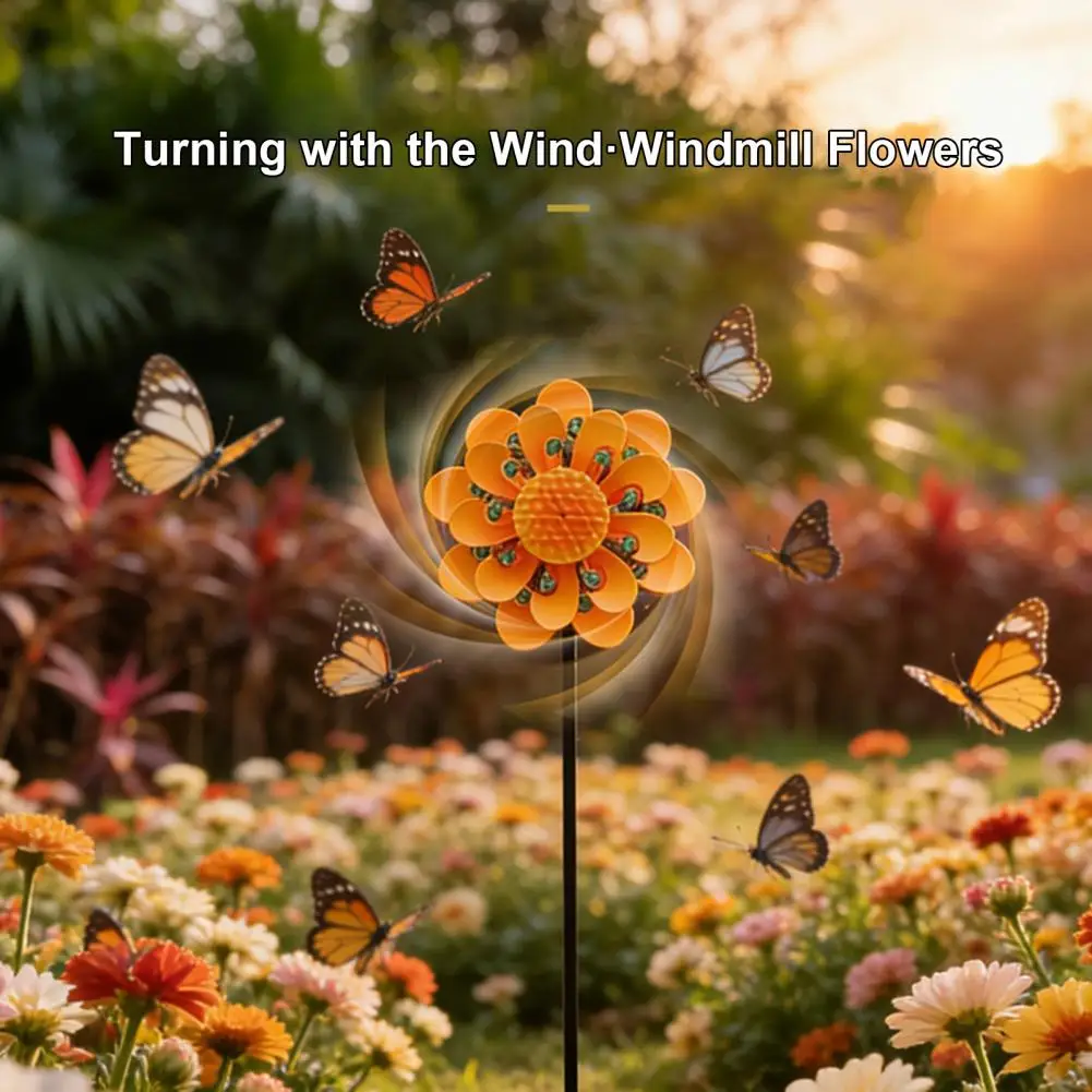 Sunflower Wind Spinner 360 Degree Rotating Windmill Yard Art with Stake Metal Flower Kinetic Wind Sculpture for Yard Lawn Patio