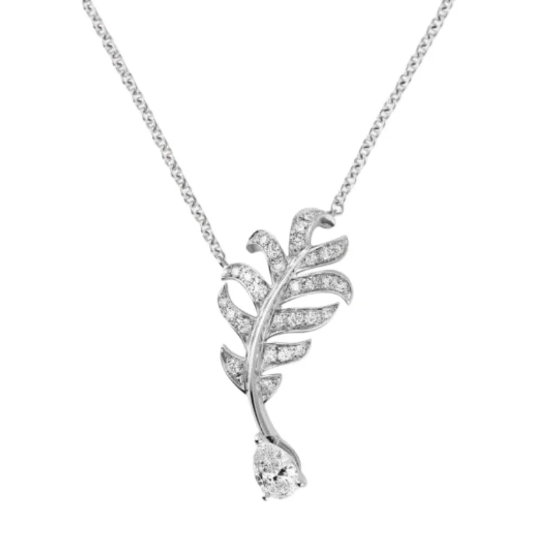 

Silver Plated Paved Feather Pendant Necklace with CZ Pave & Pear-Shaped Gemstone Detail