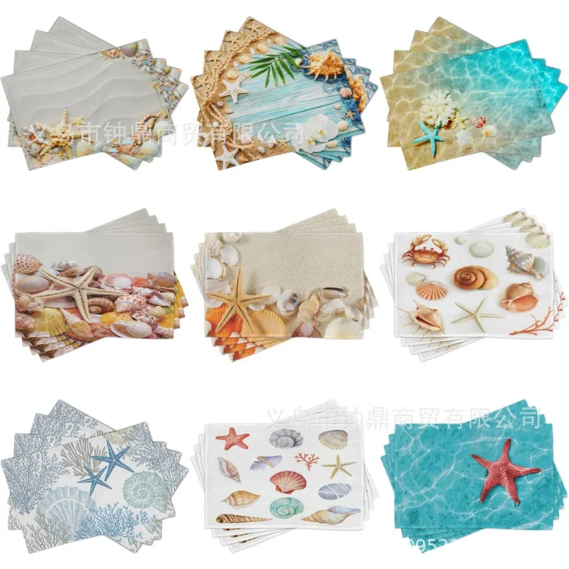 Hot Summer Beach Placemats Starfish Beach Theme Ocean Shell Printing Dust-proof and Heat-insulating Summer Placemats