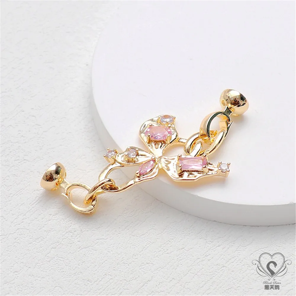 14K Gold-Plated Red Zircon Butterfly Pearl Double Button Head Buckle Bracelet Necklace, DIY Jewelry Accessories