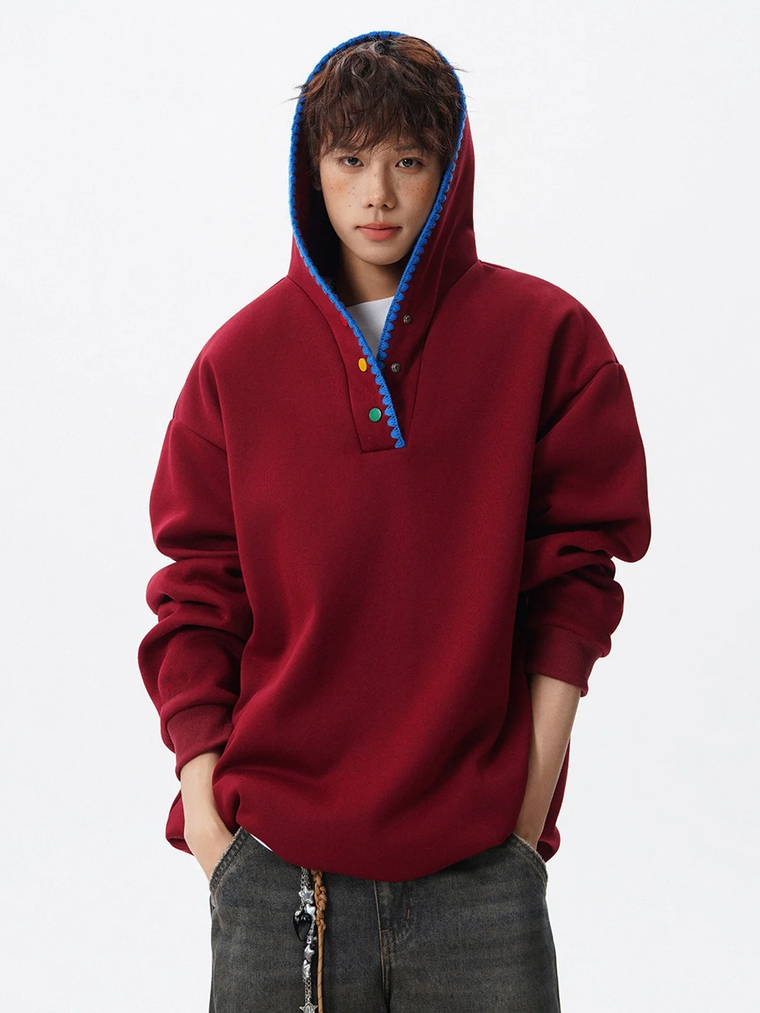 

Hooded Embroidered Sweatirt Men's Thiened Fce Winter Faion Casual Sle Overhead Coat Red Brown Eth Sle
