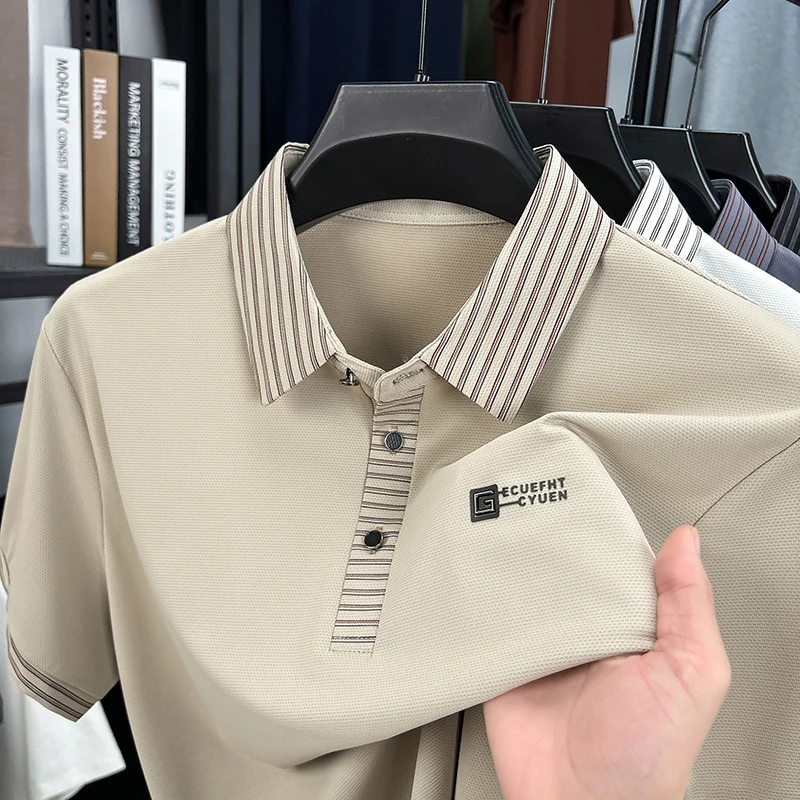 

Short Sleeved T-shirt for Men in Summer Dad's Outfit Flip Collar Ice Silk Half Cut Sleeves Printed Base Polo Shirt